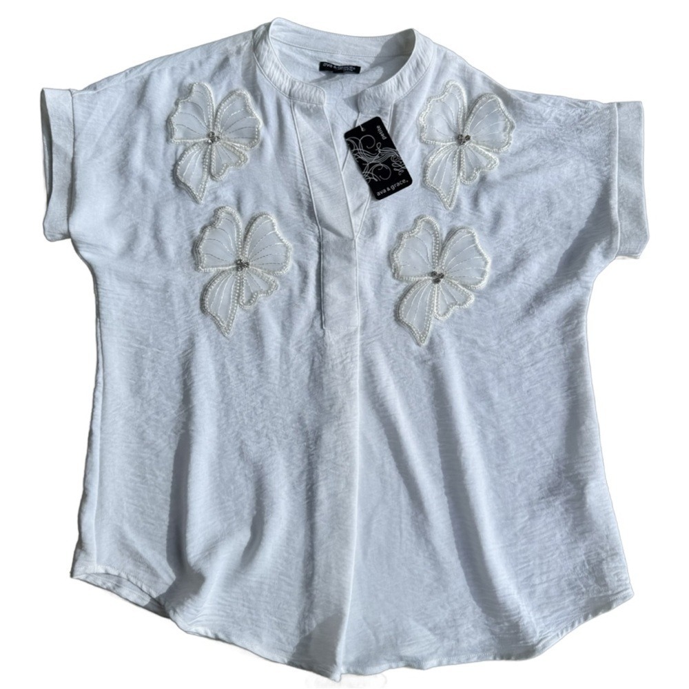 Ava & Grace Petite White Floral Applique Beaded Short‎ Sleeve Blouse PL NEW